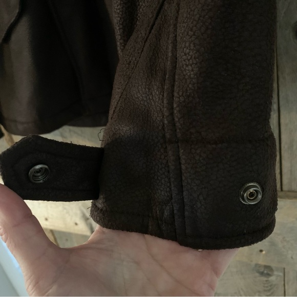 Women’s XL OBEY PROPAGANDA MILITARY SPEC Brown Leather Look Cargo Jacket Hood EC - Picture 8 of 16